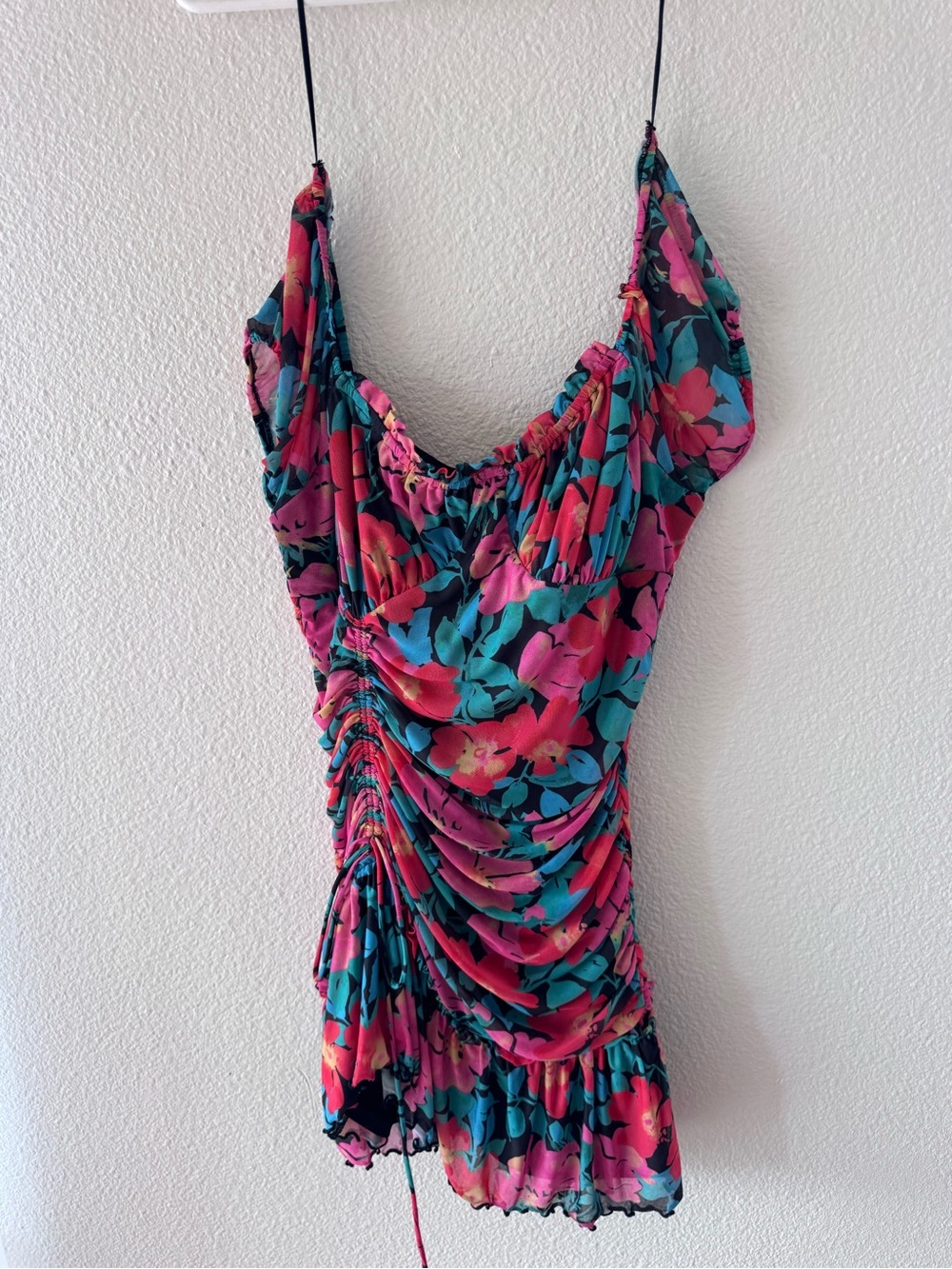 SAGE The Label Floral Ruched Mesh Mini Dress Pink Blue Size Large